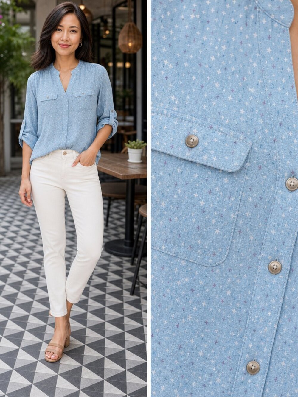 LOFT Petite SP Pale Blue Microprint Blouse – Soft Floral Pattern – EUC